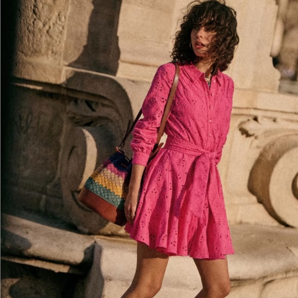 Sezane Dresses & Skirts - Sezane Sol pink Embroidered Eyelet Button Down Skater Skirt Dress size 8